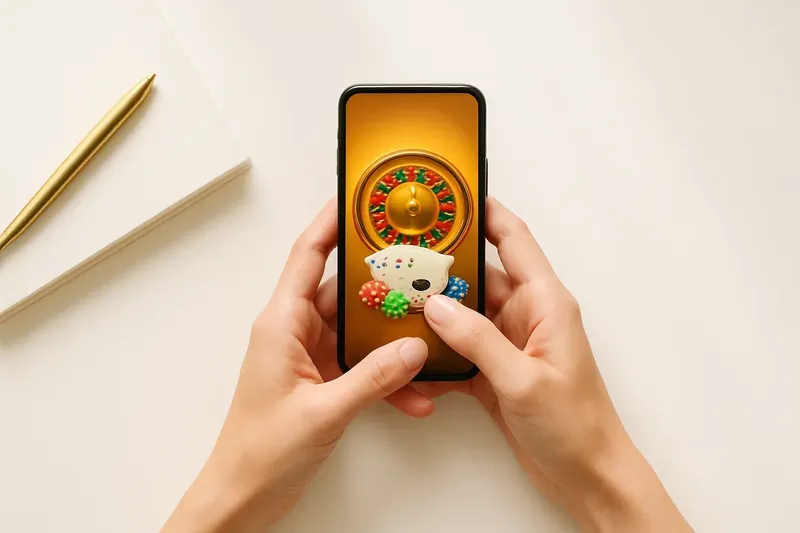 Hands holding phone with casino app above clean white desk
