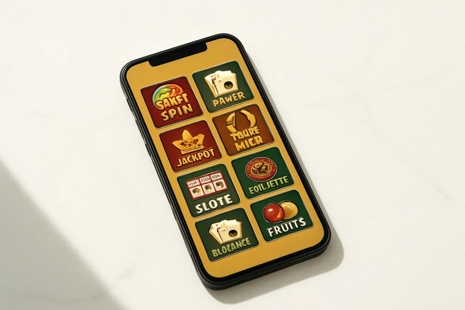 Casino App Flatlay Smartphone on white marble showing bright casino game selection grid
