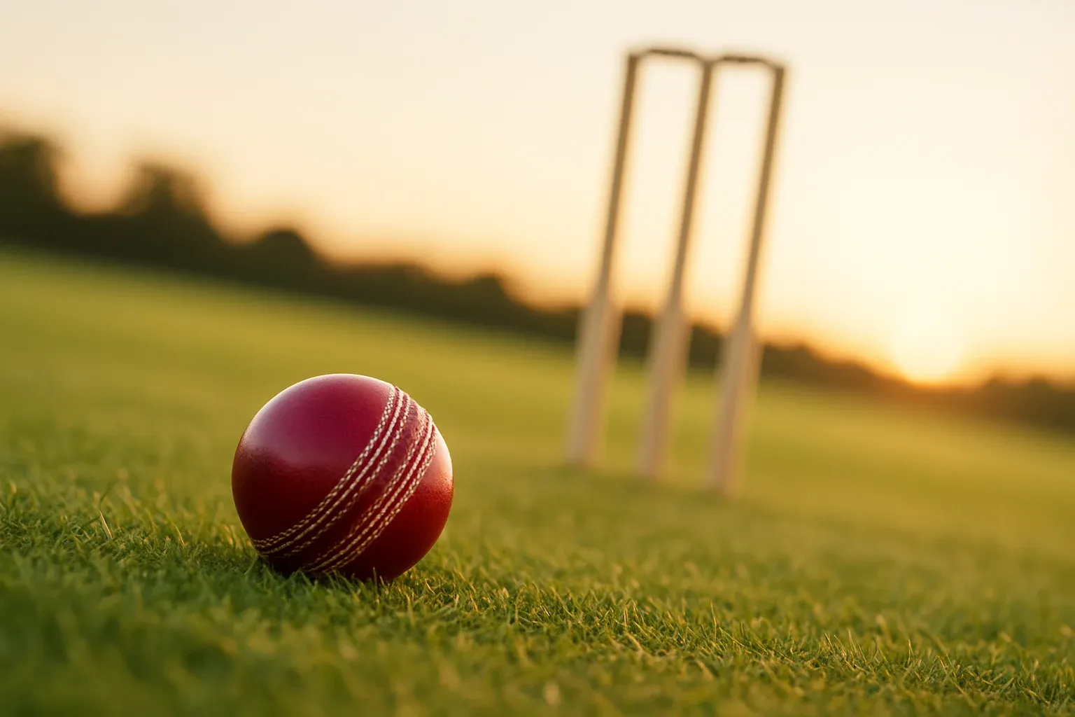 Cricket Pitch Close-Up Red cricket ball on mown grass with stumps at dusk