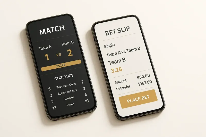 Two smartphones showing match dashboard and bet slip on cream surface