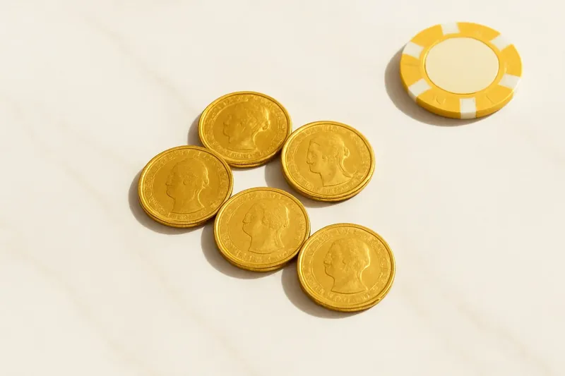 Five gold coins on cream marble with poker chip edge