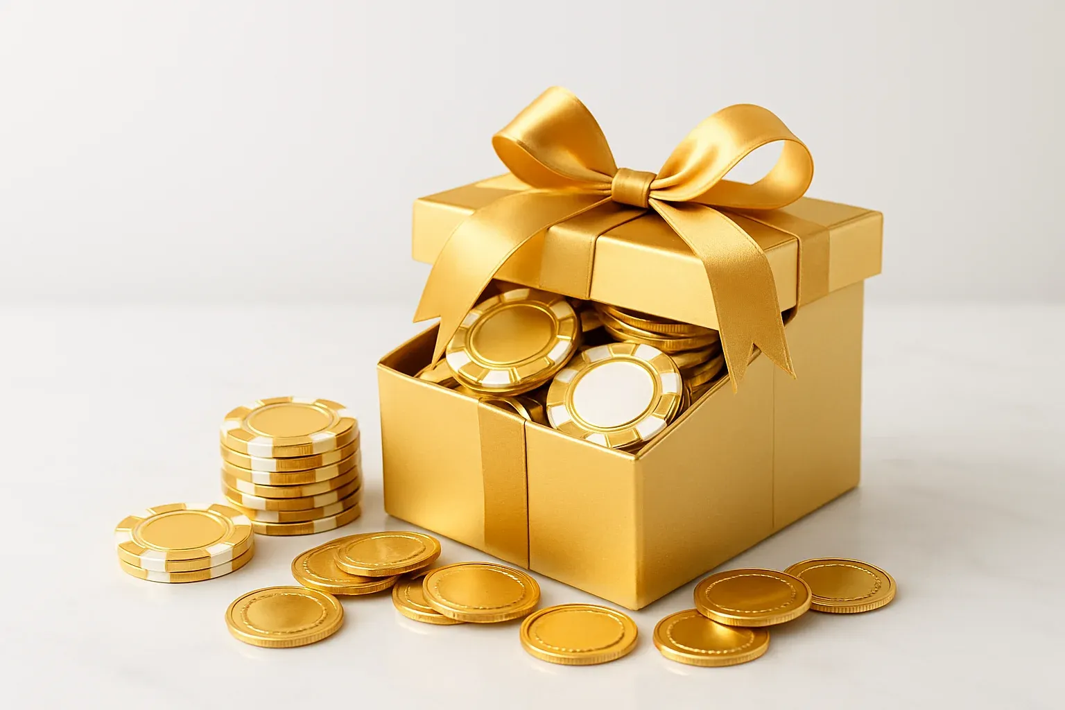 Golden Casino Bonus Golden gift box overflowing with poker chips and gold coins