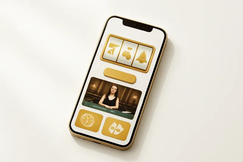 Mobile phone displaying casino app with slots and live casino games