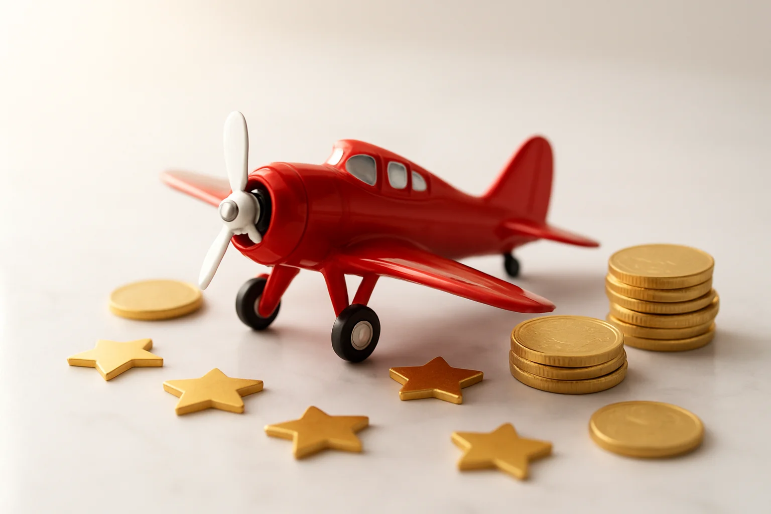 Miniature red airplane with gold coins and star tokens on white marble
