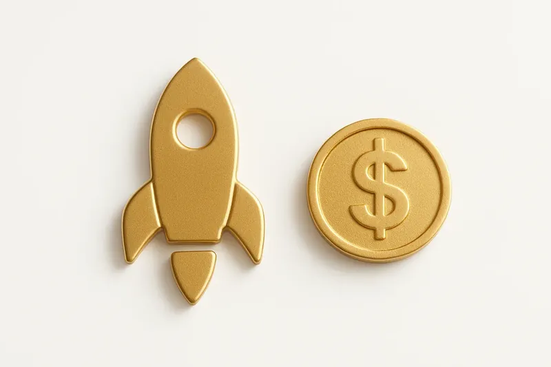 Minimalist rocket icon with gold coin on white background