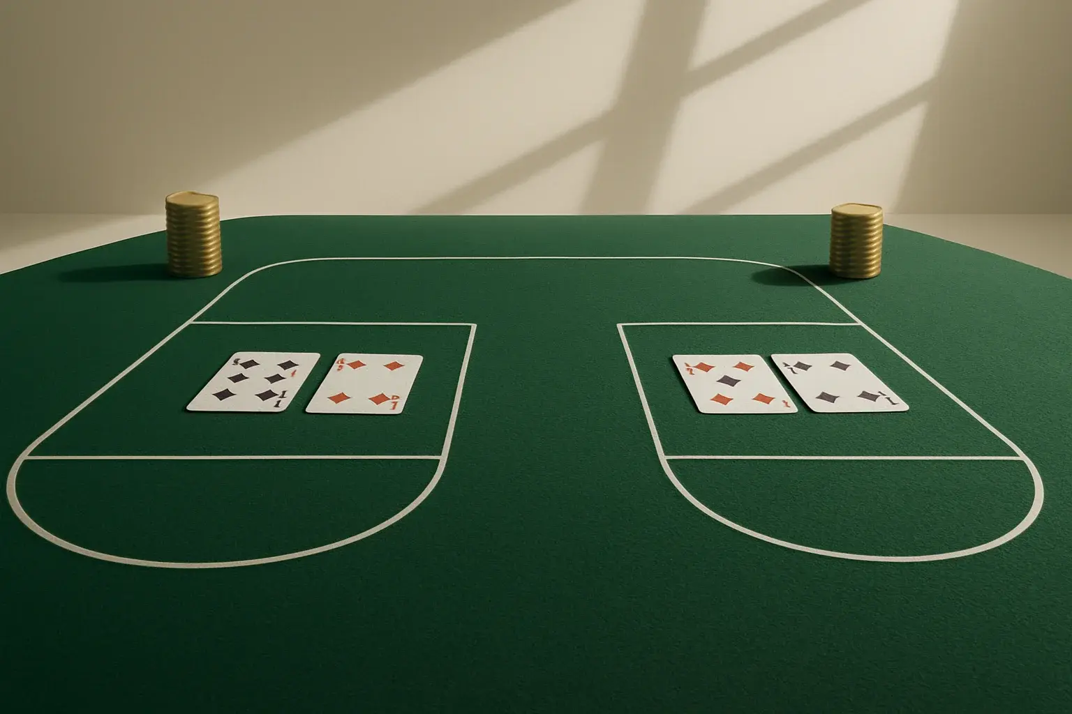 Overhead live baccarat table with gold chip towers and geometric shadows