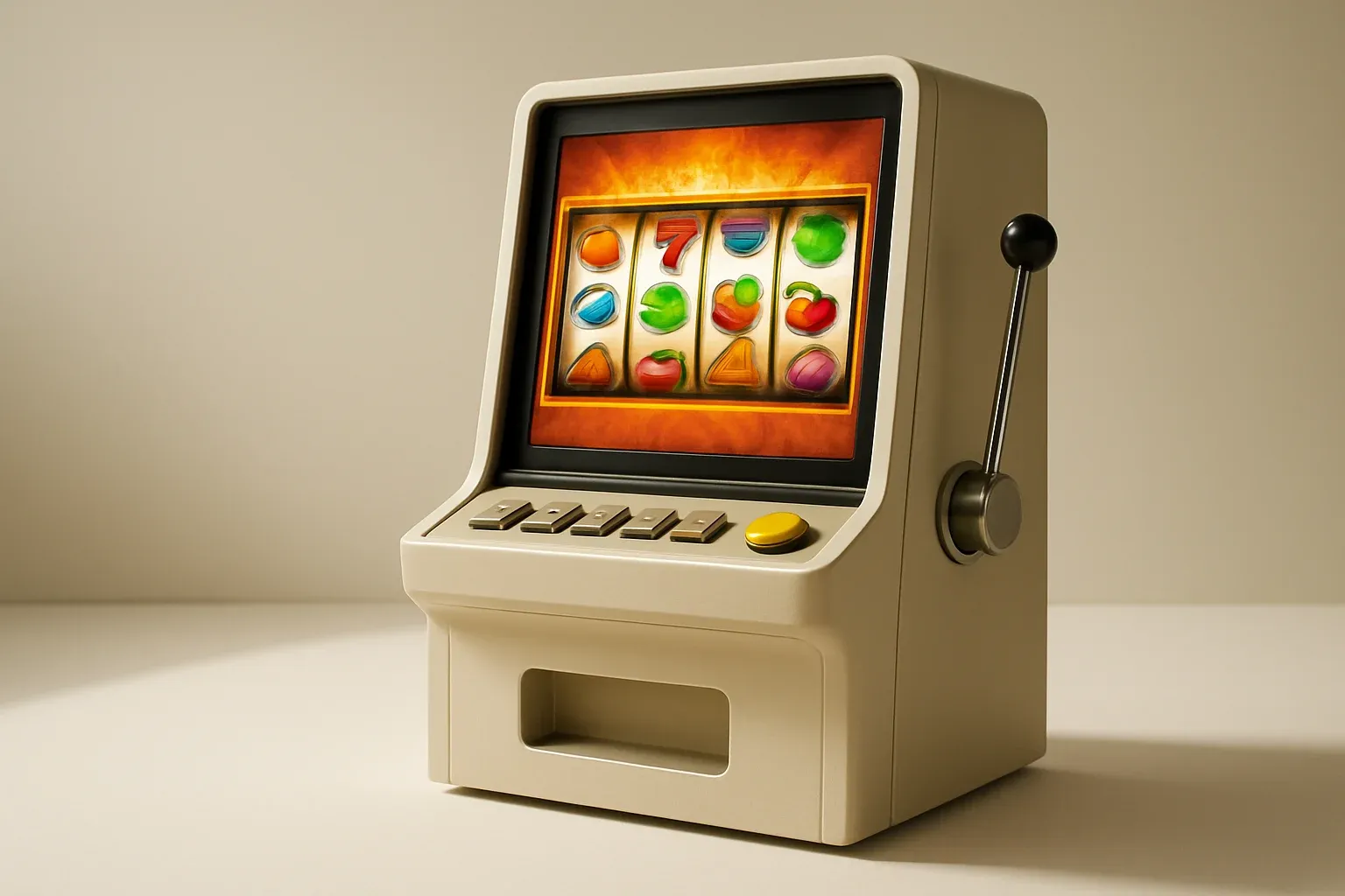 Studio Slot Terminal White studio shot of angled slot machine with vibrant game screen